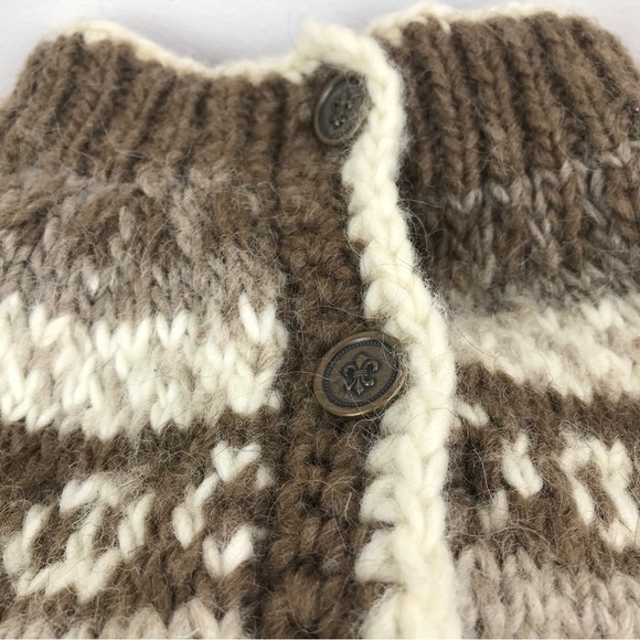 SOLD-Vtg Fair Isle Chunky Wool Cardigan Sweater Handmade M/L Brown Neutral Cream - Picture 4 of 16
